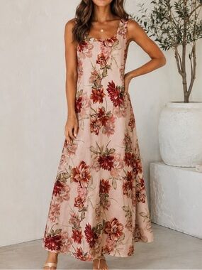 Paper Heart Blush Pink Floral Linen Blend Open Back Midi Dress Size M